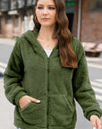 Zip Up Long Sleeve Fuzzy Hooded Outerwear