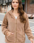 Zip Up Long Sleeve Fuzzy Hooded Outerwear