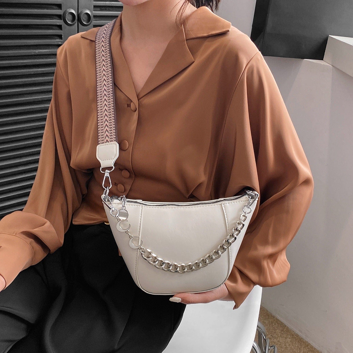 Dim Gray PU Leather Chain Trim Crossbody Bag