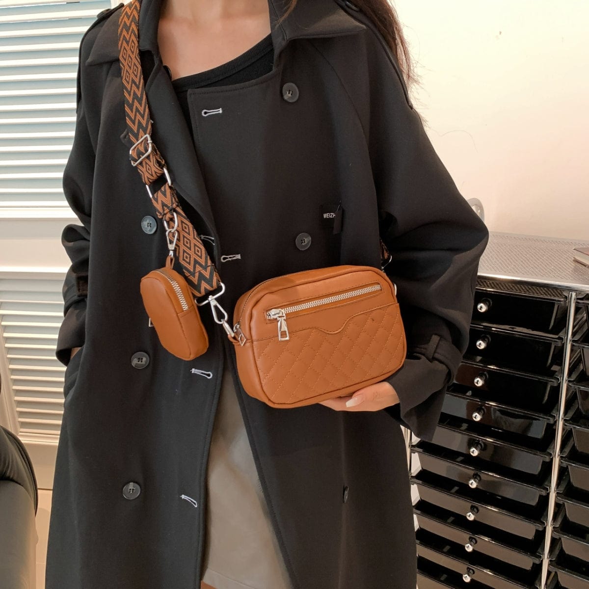 Tan Stitching PU Leather Shoulder Bag