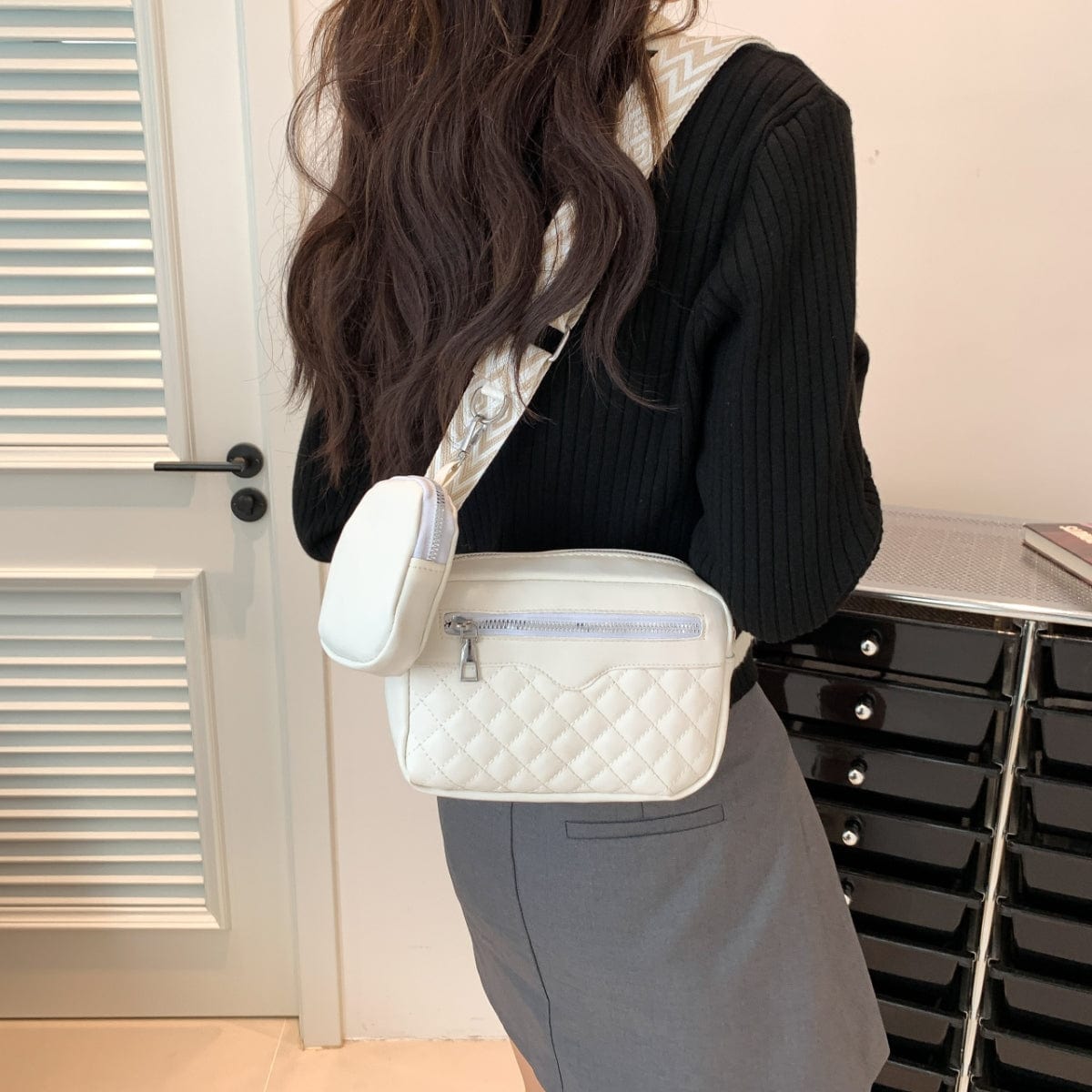 Gray Stitching PU Leather Shoulder Bag