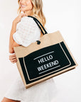 Fame Hello Weekend Burlap Tote Bag