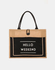 Fame Hello Weekend Burlap Tote Bag