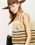 Fame Striped Straw Braided Tote Bag