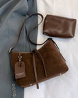 Suede Shoulder Bag and PU Leather Clutch 2 Piece Set