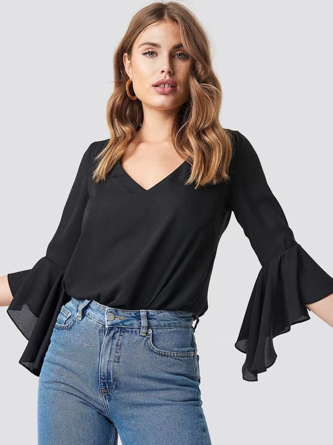 Light Gray V-Neck Flounce Sleeve Blouse