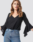 Light Gray V-Neck Flounce Sleeve Blouse