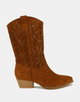 Beast Fashion Faux Suede Laser Cut Detail Block Heel Boots