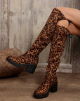 Leopard Round Toe Block Heel Boots