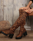 Leopard Round Toe Block Heel Boots