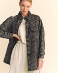 Davi & Dani Curved Hem Diamond Quilted Button Up Denim Shacket