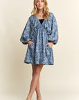 ADORA Printed V-Neck Batwing Sleeve Mini Dress