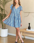 ADORA Printed V-Neck Ruffle Sleeve Mini Dress