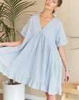 ADORA Ruffled Hem Striped V-Neck Babydoll Dress