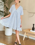 ADORA Ruffled Hem Striped V-Neck Babydoll Dress