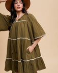 Annie Wear Tassel Contrast Trim Tie Neck Half Sleeve Tiered Dress