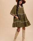 Annie Wear Tassel Contrast Trim Tie Neck Half Sleeve Tiered Dress