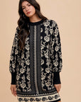 Annie Wear Floral Jacquard Round Neck Sweater Dress