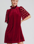 Umgee Dotted Lace Half Sleeve Mock Neck Back Tie Velvet Dress