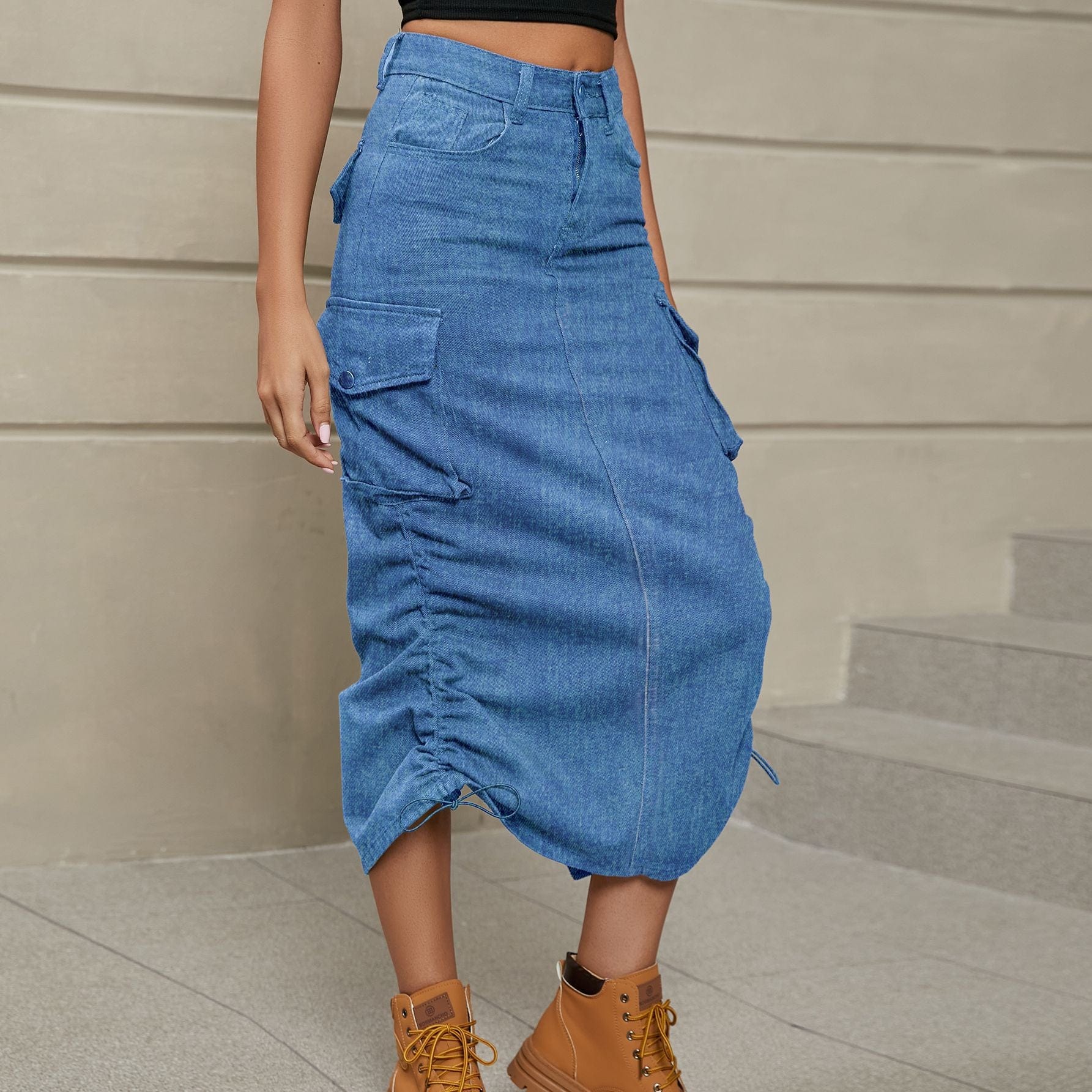 Rosy Brown Drawstring Ruched Slit Denim Midi Skirt