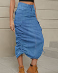 Rosy Brown Drawstring Ruched Slit Denim Midi Skirt