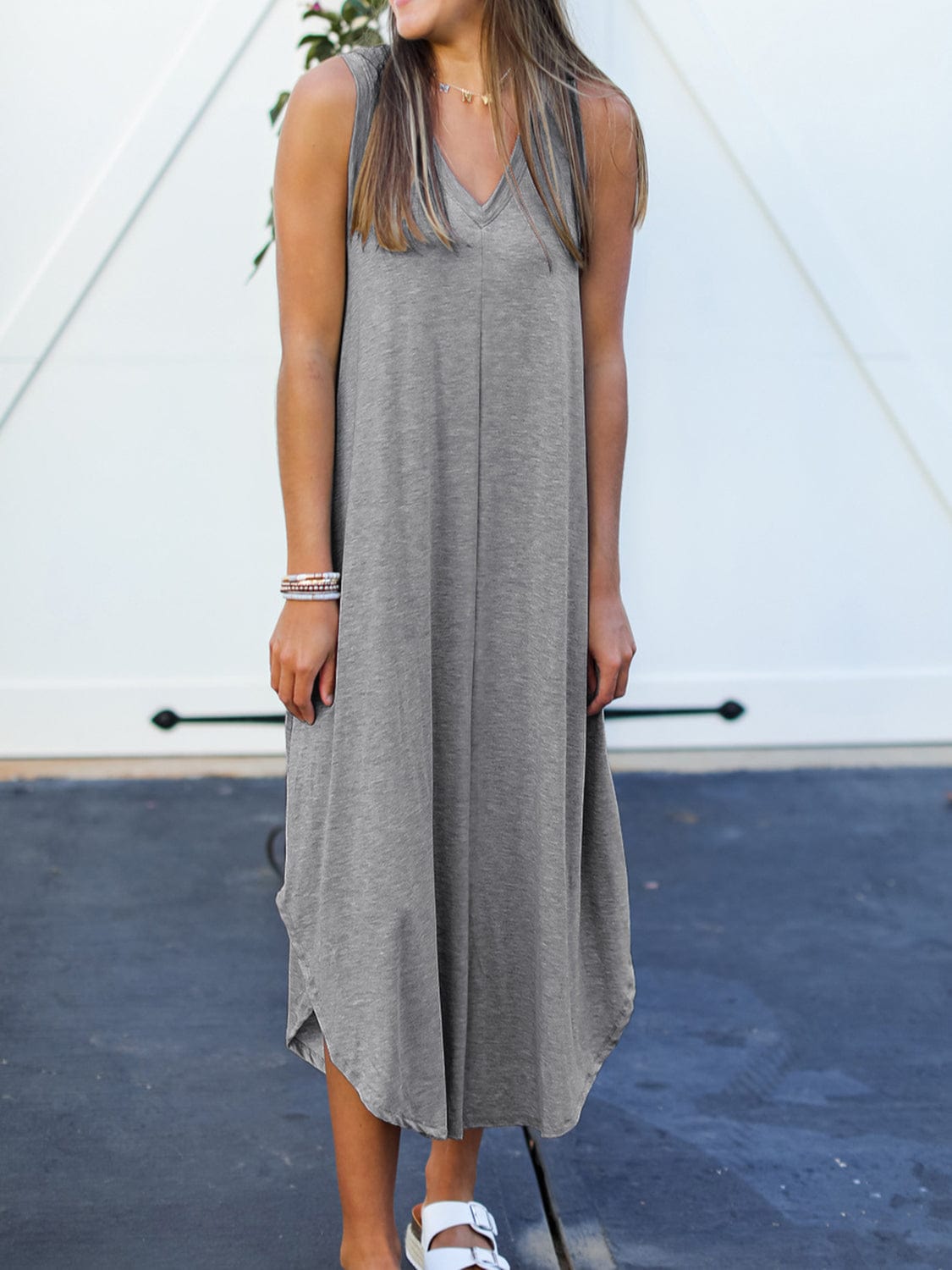 Gray Full Size V-Neck Midi Tank Dress