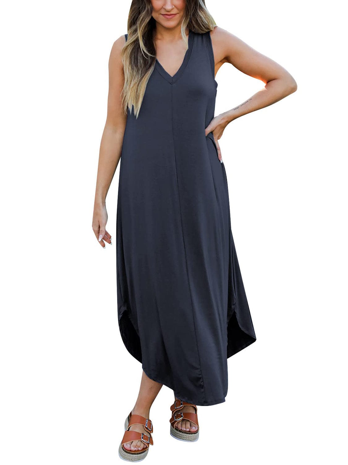 Dark Slate Gray Full Size V-Neck Midi Tank Dress