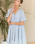 ADORA Ruffled Hem Striped V-Neck Babydoll Dress