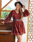 Plus Size Lace Detail V-Neck Long Sleeve Mini Dress