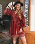 Plus Size Lace Detail V-Neck Long Sleeve Mini Dress