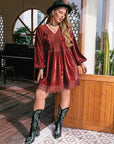 Plus Size Lace Detail V-Neck Long Sleeve Mini Dress