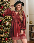 Plus Size Lace Detail V-Neck Long Sleeve Mini Dress