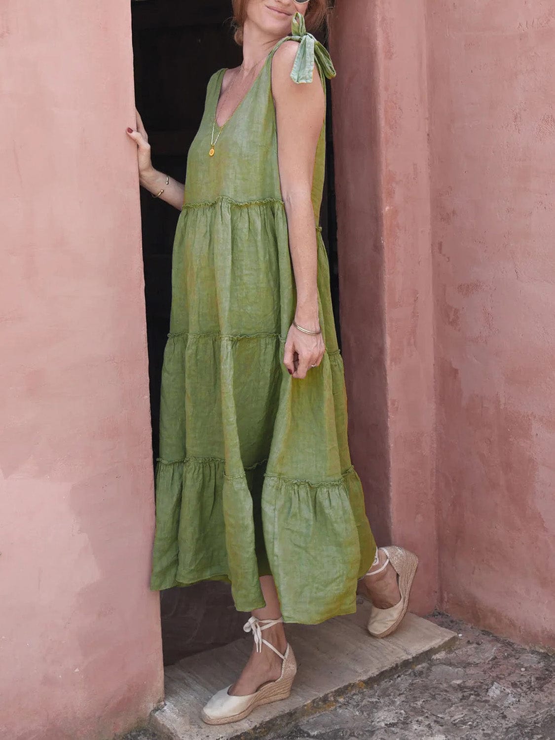 Rosy Brown Tiered Frill V-Neck Sleeveless Dress