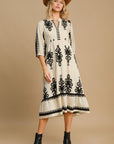 Umgee Printed Notched Midi Dress