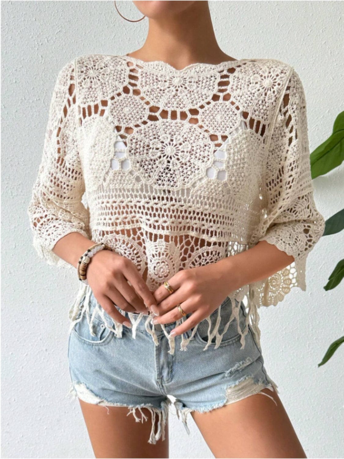 Light Gray Openwork Round Neck Cover-Up