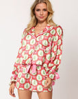 Tied Printed Collared Neck Long Sleeve Top and Shorts Set