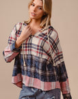 BiBi Drawstring Plaid Drop Shoulder Hoodie