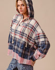 BiBi Drawstring Plaid Drop Shoulder Hoodie