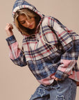 BiBi Drawstring Plaid Drop Shoulder Hoodie