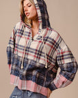 BiBi Drawstring Plaid Drop Shoulder Hoodie