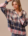 BiBi Drawstring Plaid Drop Shoulder Hoodie