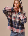 BiBi Drawstring Plaid Drop Shoulder Hoodie