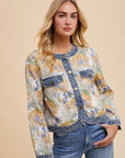 Annie Wear Floral Jacquard Denim Contrast Button Down Jacket