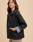 Annie Wear Quilted Printed Lining Snap Down Denim Jacket