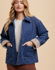 Annie Wear Quilted Printed Lining Snap Down Denim Jacket