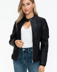 Snobbish Faux Leather Biker Jacket with Side Zip Pockets