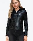 Snobbish Faux Leather Zip Up Drawstring Hooded Jacket