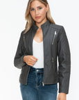 Snobbish Faux Leather Zip Up Mock Neck Jacket