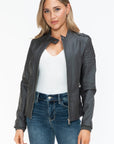 Snobbish PU Leather Biker Jacket with Side Zip Pockets