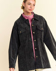 Davi & Dani Washed Corduroy Raw Hem Button Up Jacket